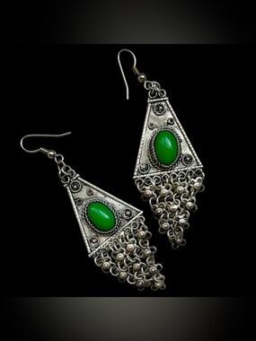 Vtg Sterling Silver Green Onyx Boho Chandelier Statement Earrings